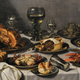 Painting of a table full of food, including meat pie, lobster, and crab